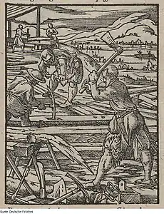 Hartmann Schopper & Jost Amman. Ständebuch & Handwerk & Zimmermann. Gravure sur bois de fil, sur papier. 1568. Équarrissage à l'avant.