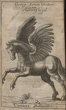 gravure de cheval avec deux ailes à plumes levées attachées à ses flancs.