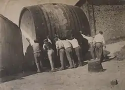 Vignerons audois entrant un foudre dans un hangar.