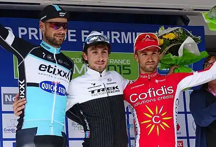 Podium de l'édition 2015 du Grand Prix de Fourmies : Tom Boonen (2e), Fabio Felline (1er) et Nacer Bouhanni (3e).