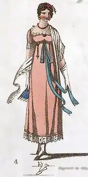 gravure coloriée de 1811, montrant une jeune femme en robe de bal (avec gants, éventail et châle) pour expliquer un pas de danse