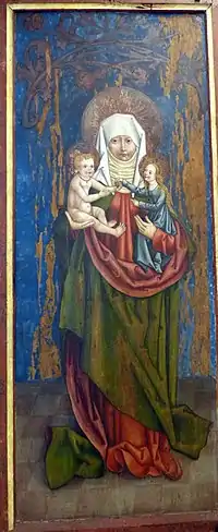 Peinture représentant une femme tenant une autre dans un bras et un bébé dans l'autre