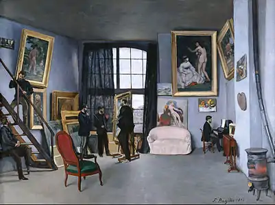 Frédéric Bazille et Édouard Manet, L'Atelier de Bazille (1870), Paris, musée d'Orsay. Émile Zola est représenté dans l'escalier.