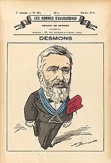 Dessin en couleurs d'un homme barbu, en costume, portant un collier de franc-maçon et un mandat de député du Gard.