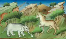 Peinture montrant quatre animaux dans un paysage de montagne