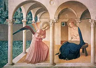 Peinture. L'ange s'incline vers Marie dans une pièce ouverte devant et à gauche.