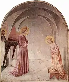 Peinture. Marie se tient à genoux, les bras croisés face à l'ange debout.