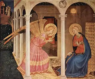 Peinture. L'ange s'incline vers Marie dans une pièce ouverte devant et à gauche, vue légèrement depuis la gauche.