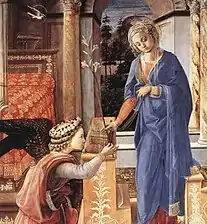 Détail de peinture. Marie saisit un lys à longue tige tenu du bout du doigt par l'ange.