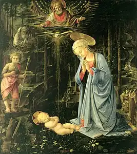 Tableau en couleur. Dans une forêt, une femme prie au-dessus d'un bébé nu. Dans le ciel un visage d'homme barbu ceint d'une auréole. Sur le côté un ange.