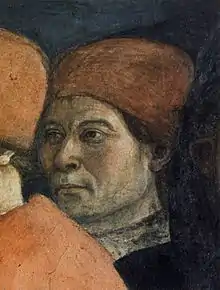 peinture d'une tête d'homme portant une toque rouge, vue de trois quarts gauche