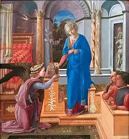 Peinture. L'ange et Marie, à côté de deux hommes vus en buste, en vêtements de la Renaissance.