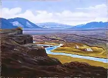 Peinture de la ferme de Þingvellir dans le paysage de la plaine.