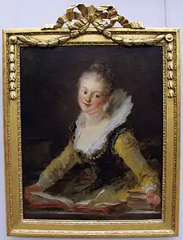 peinture : une jeune femme, feuilletant une partition à l'italienne posée devant elle.