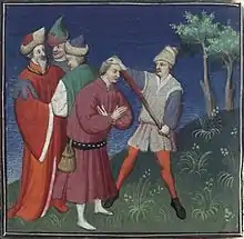 Scène représentant l'aveuglement d'Isaac II devant deux hommes.
