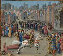 Dessin représentant la charge à cheval d'Isaac Ange tuant Étienne Hagiochristophoritès, une foule observant la scène ; en arrière-plan, des bâtiments.