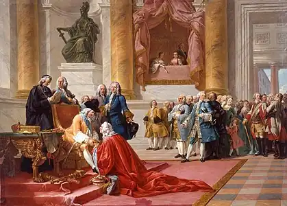 Le marquis de La Galaizière créé chancelier de Lorraine au château de Meudon par Stanislas Leczinski le 18 janvier 1737 (1778), Nancy, musée historique lorrain.