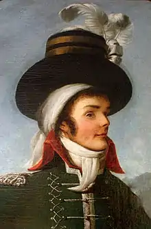 Portrait de Charette de profil avec un chapeau à la Henri IV surmonté d'un panache blanc, un mouchoir de tête et un uniforme vert sombre à revers rouges.