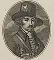 Gravure représentant Charette avec une moustache, vêtu d'un chapeau haut-de-forme avec une cocarde blanche, une croix sur le revers de sa veste et deux pistolets à la ceinture.