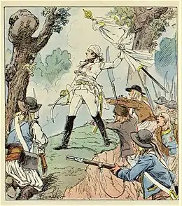 Dessin représentant Charette sur un talus, tenant son sabre d'une main et un drapeau blanc de l'autre, entouré par plusieurs de ses combattants.