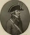 Gravure représentant Charette avec une moustache et un bicorne.