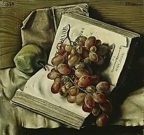 Nature morte aux raisins, à la pomme et aux deux livres.