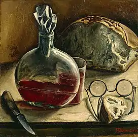 Nature morte avec carafe de vin, pain et lunettes.