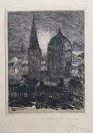 L’église Saint-Jean, la nuit, 18 septembre 1894 (Eau-forte ; Inv. Kunel nº 171 ; 15 x 11,5 cm), Collection privée