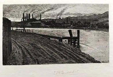 Les hauts-fourneaux d'Ougrée, 24 avril 1891 (Eau-forte ; Inv. Kunel no 82 ; 12,8 x 20,5 cm), Collection privée