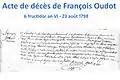 Acte de décès de François Oudot - Registre paroissial de la commune de Savigny-en-Revermont.  Archives départementales de Saône et Loire.