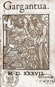 Gravure présentant le géant Gargantua, une femme et un petit homme à ses genoux.