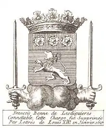 Armes de François de Bonne de Lesdiguières, dernier connétable de France. de gueules au lion d’or au chef d’azur surmonté de trois roses d’argent.