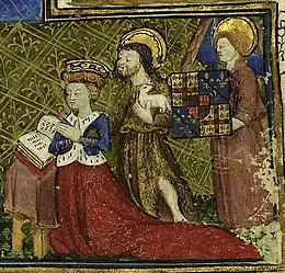 Enluminure représentant Françoise de Dinan priant et accompagnée d'un Saint et d'Ange.