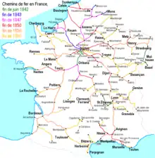 Plan du réseau ferré de France jusqu'en 1860.