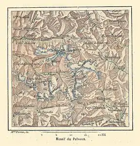 Massif du Pelvoux (nom anciennement donné au massif), dans le livre de Franz Schrader et Louis Gallouédec, Géographie élémentaire de la France et de ses colonies, 1894.