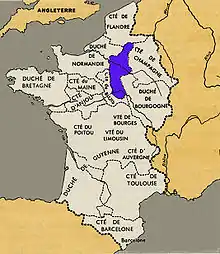 Francie occidentale, après le Traité de Verdun 843 et avant celui de Meerssen en 870, divisant la Lotharingie.