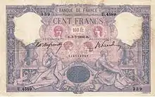 100 francs bleu et rose, Face recto