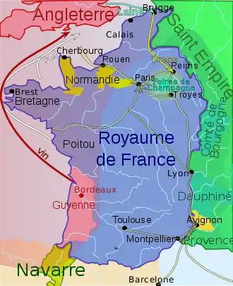 Carte du royaume de France en 1328 soulignant l'influence culturelle de celui-ci et la situation géographique du Dauphiné, voisin du sud-est de ce royaume.