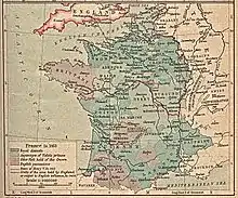 Carte anglaise (date inconnue) représentant la France après l'annexion de Lyon. La ville (indiquée en tant que « Lyons » et la province environnante sont mentionnés comme faisant partie du « domaine royal ».