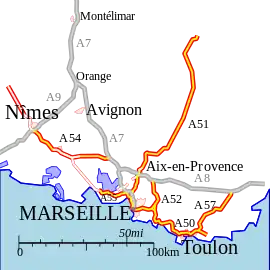 Carte des autoroutes A50 à A57