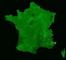 Photo de la France métropolitaine et de la Corse (en vert). Les autres pays et les mers apparaissent en noir.