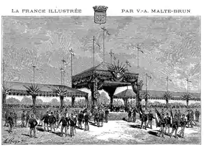 Distribution des drapeaux à l'hippodrome de Longchamp le 14 juillet 1881, lors du défilé de la fête nationale.