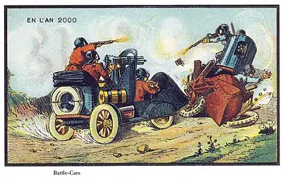 Illustration en couleurs représentant deux automobiles blindées rétro-futuristes dont les occupants armés se tirent dessus.