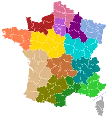 Étude n°1 (15 régions) selon Agence Bretagne Presse et Mediapart (dans des articles de février 2009). Sur cette carte, la Seine-et-Marne est scindée en deux pour que la partie est du département rejoigne la région Champagne-Ardenne.