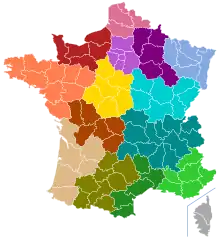 Étude n°2 (15 régions) selon Le Figaro et La Nouvelle République du Centre-Ouest. Sur cette carte, les départements du Bas-Rhin et du Haut-Rhin sont fusionnées, ainsi que ceux des Hauts-de-Seine, de Paris, de la Seine-Saint-Denis et du Val-de-Marne.