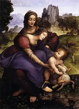 Tableau représentant une femme assise sur les genoux d'une autre qui tend les bras vers un bébé jouant avec agneau (Tableau identique à celui du Louvre).