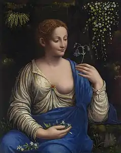 Peinture d'une femme assise dont la tête légèrement penchée est tournée vers une fleur qu'elle tient à la main.