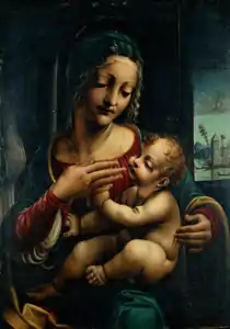 Peinture d'une femme en buste accompagnée d'un bébé