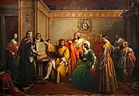 Léonard présente l'esquisse de la Cène au duc de Milan Ludovico il Moro, Francesco Podesti, 1846. Au centre de la scène se trouvent, comme ailleurs, le duc avec la duchesse Béatrice et le cardinal Ascanio.