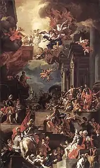 Scène de massacre devant des personnages orientaux surmontés d'anges dans un décor antique.